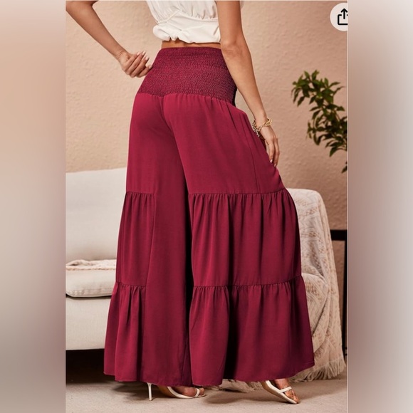 Women's Shirred Elastic Waist Tie Front Ruffle Hem Wide Leg Pants - Picture 2 of 10